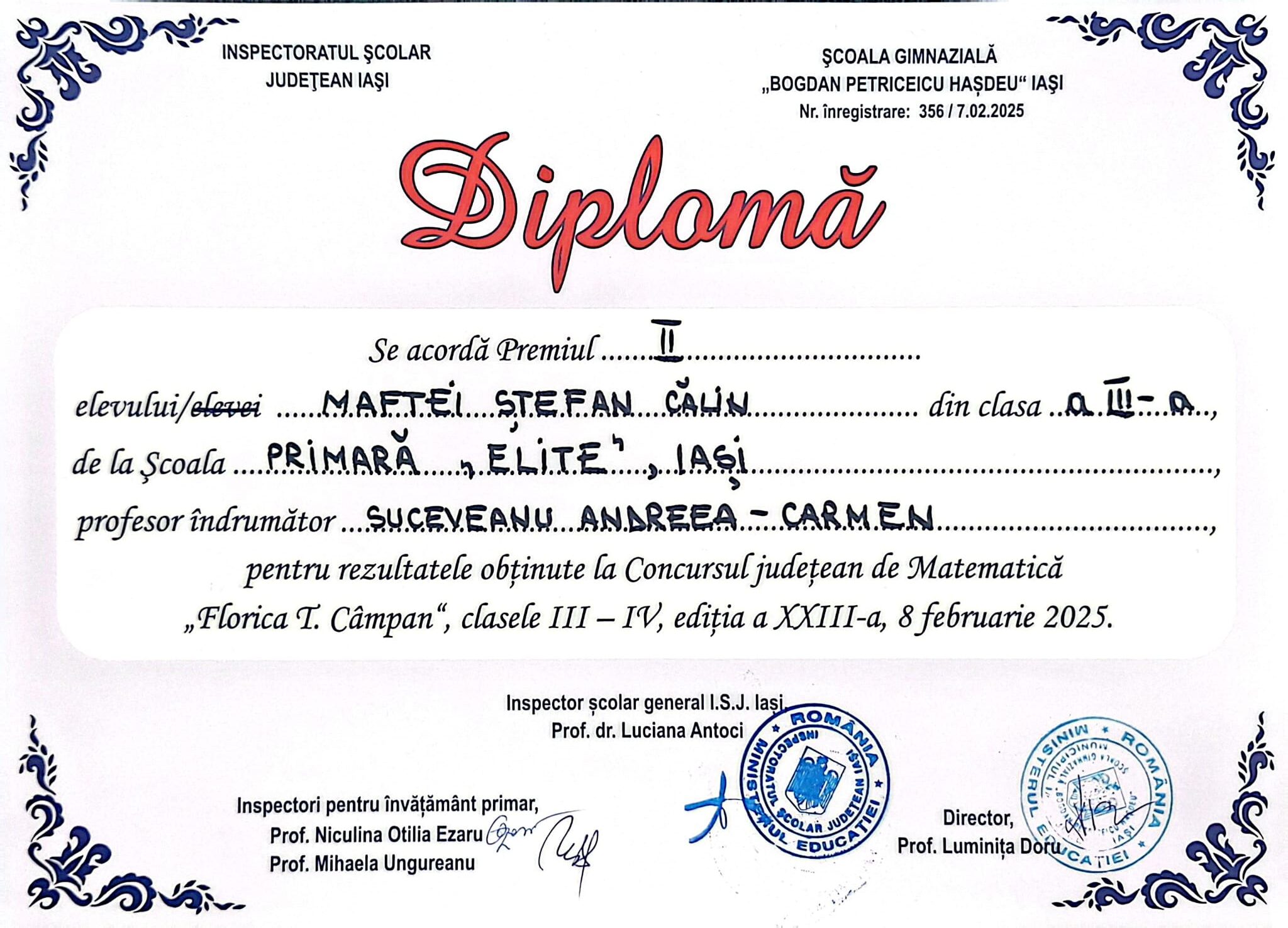DIPLOMĂ PREMIUL II LA CONCURSUL JUDEȚEAN DE MATEMATICĂ FLORICA T CÂMPAN